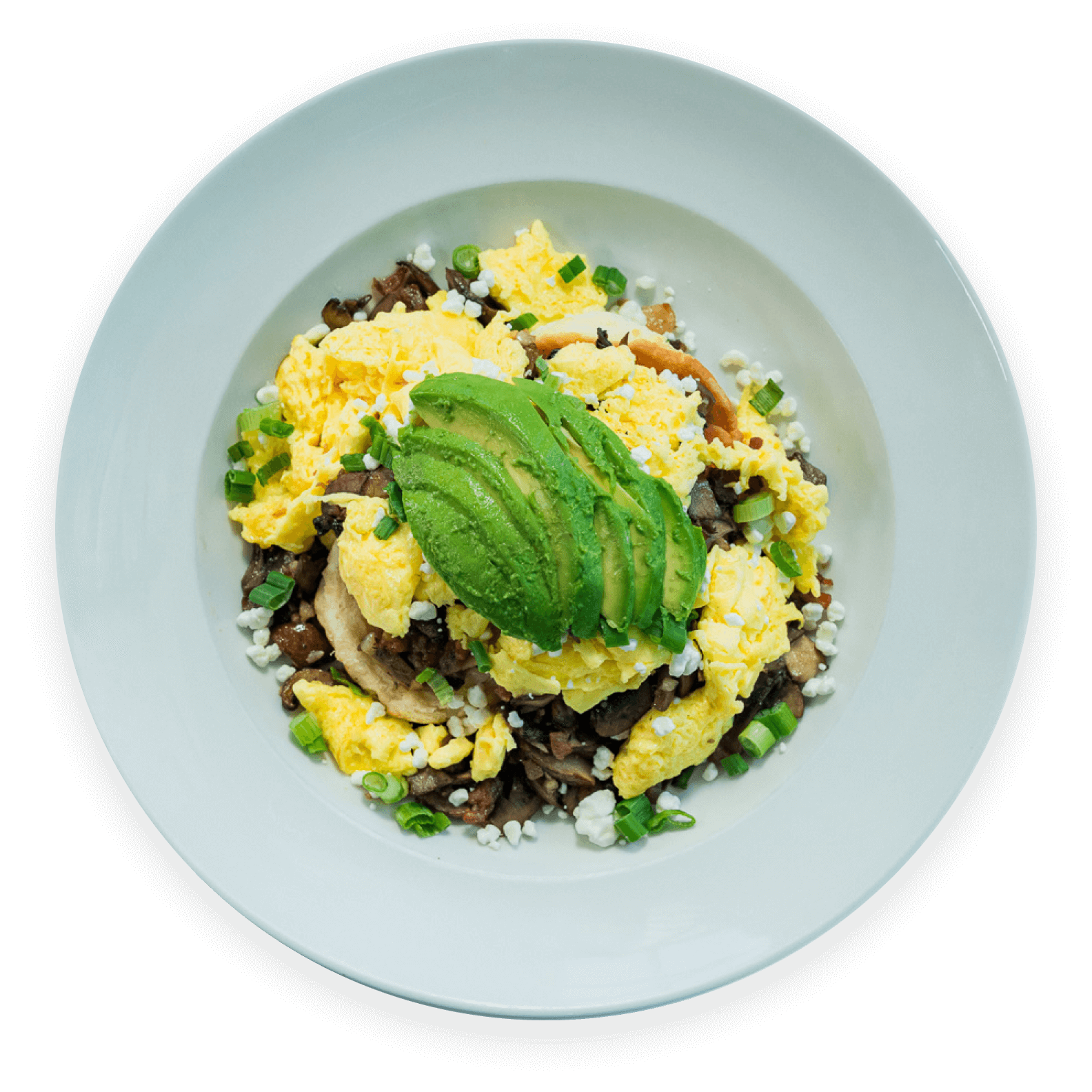 Scrambled eggs with avocado, mushrooms, and feta served at Ellen’s